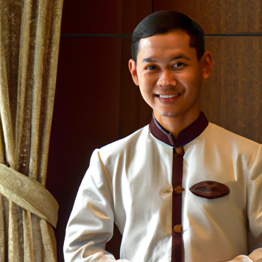 תמונה הלוכדת איש צוות במלון בלבוש תאילנדי מסורתי, מברך את האורחים בחיוך חם.