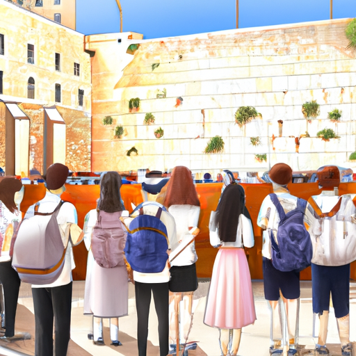 A group of tourists in front of the Wailing Wall, engrossed in the stories of the past.